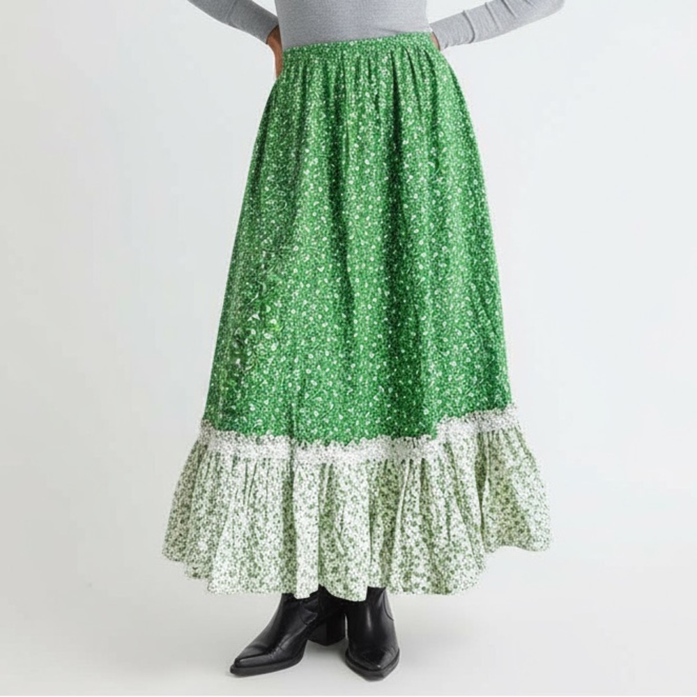 Vintage Floral Printed Tiered Pure Cotton Flared Maxi Skirt Handmade Harvest XS